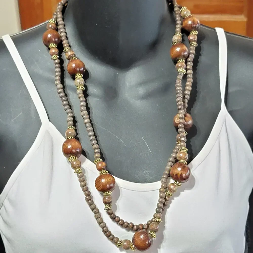 Vintage Long Wood Beaded Necklace 54” Boho Dark Brown‎ Gold-tone Tribal br01-09